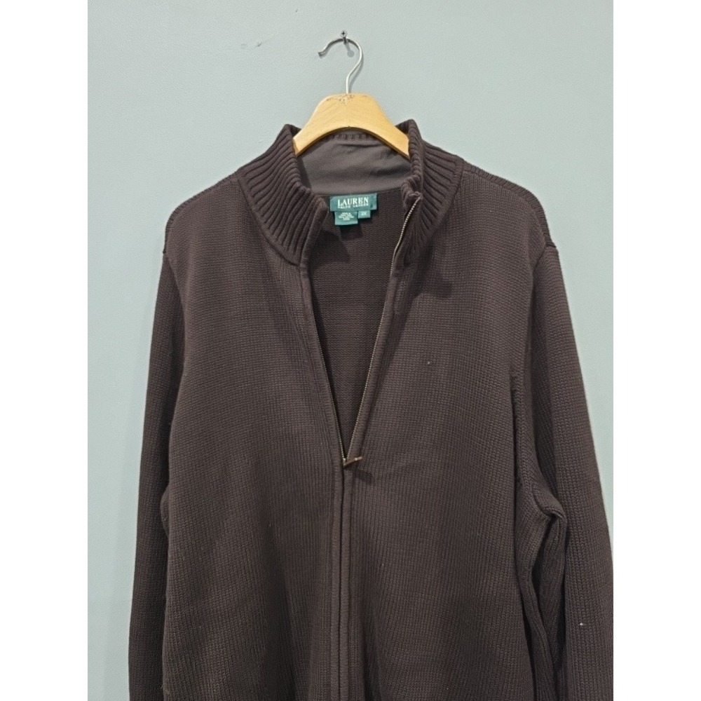 Lauren Ralph Lauren Mens 2X Full Zip Sweater Brown Cotton Mock Neck Heavy Knit